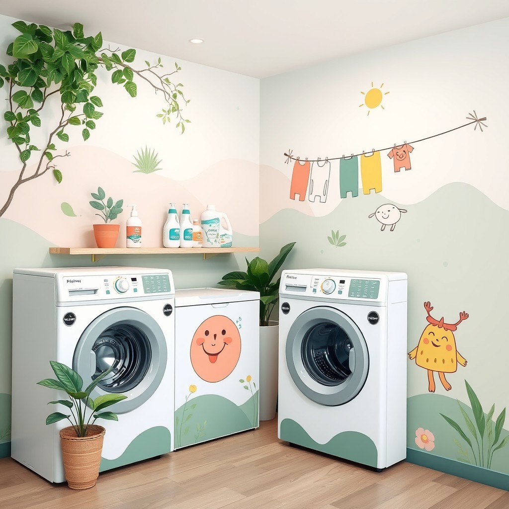 A vibrant and eco-friendly self-service laundry design featuring walls painted in relaxing pastel tones with soft nature scenes, lush green plants, and subtle wooden accents to highlight the eco-conscious design