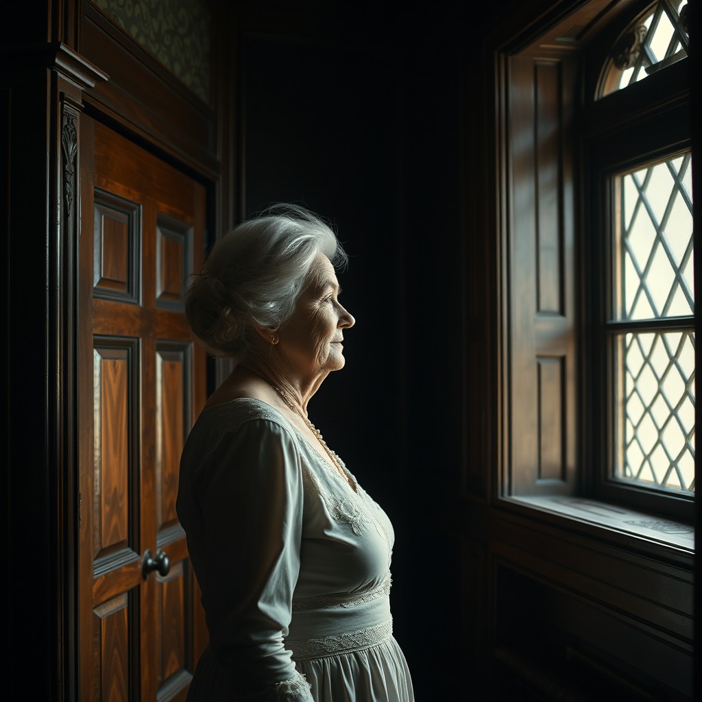 An elderly woman standing by a window in a dark Victorian-style house