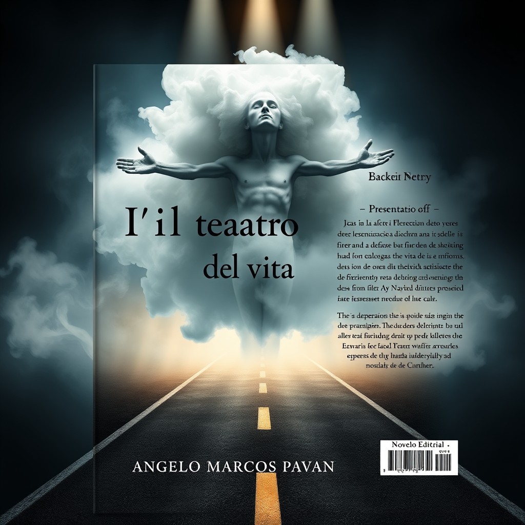 A captivating book cover and back cover design for a poetry collection titled "Il teatro della vita" by Angelo Marcos Pavan