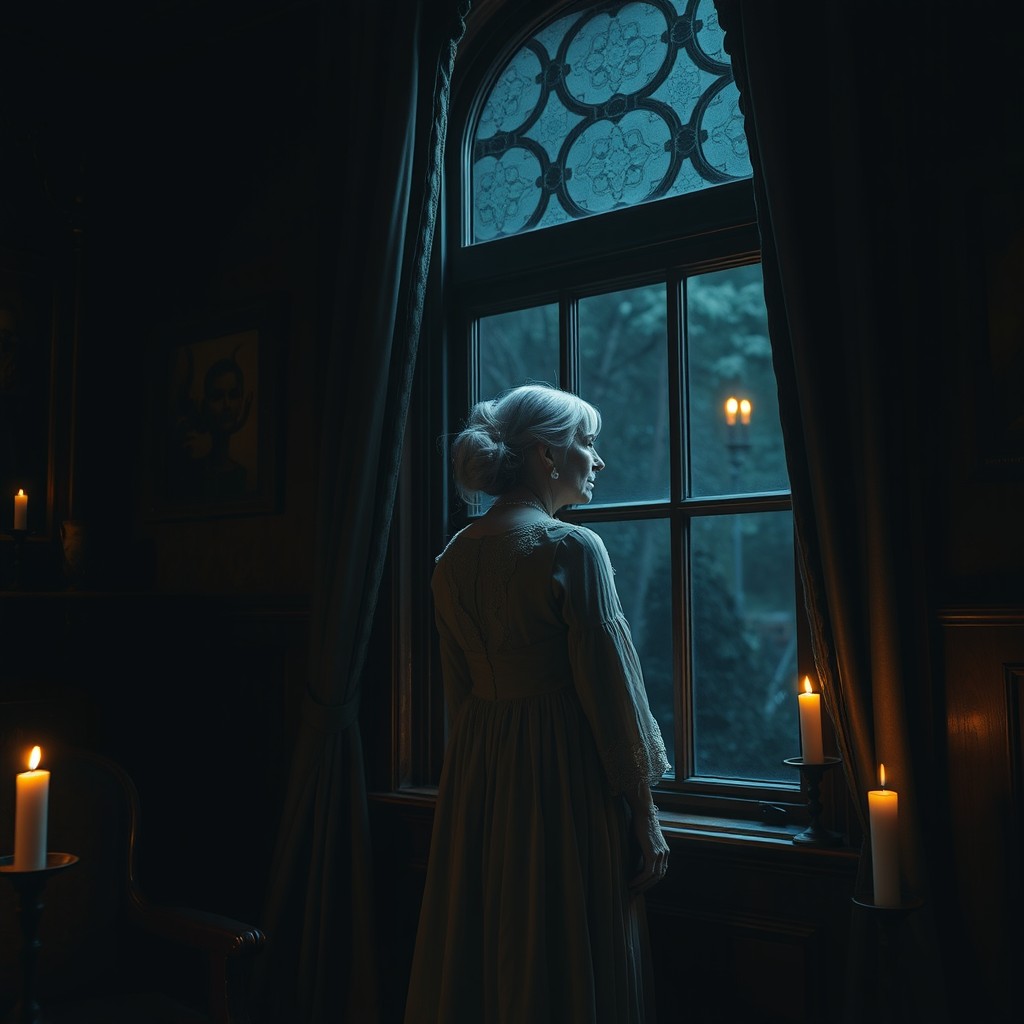 An elderly woman standing by a window in a dark, old Victorian-style house, illuminated by candlelight
