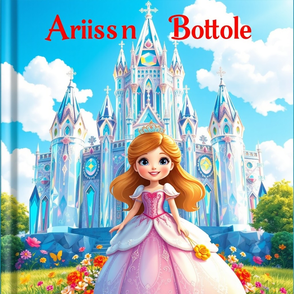 A whimsical cover for a children's book featuring a charming princess standing in front of a magnificent crystal castle