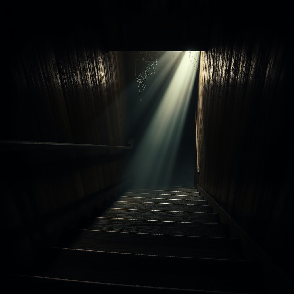 A dimly lit staircase leading down to a basement, shrouded in an eerie atmosphere