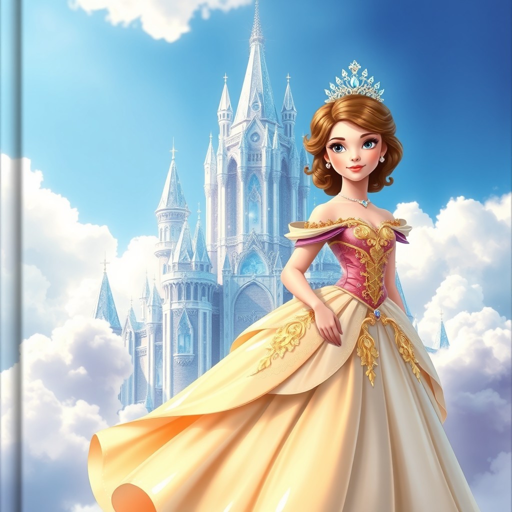 A realistic cover for a children's book that features a beautiful princess in a luxurious gown standing in front of a stunning crystal castle