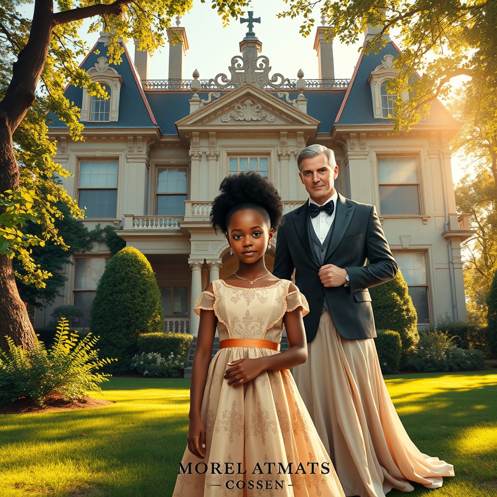 A delicate and realistic book cover featuring a young black girl accompanied by a white man and woman, all elegantly dressed