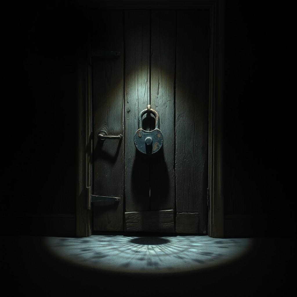 An old wooden basement door with a rusty lock, shrouded in horror lighting