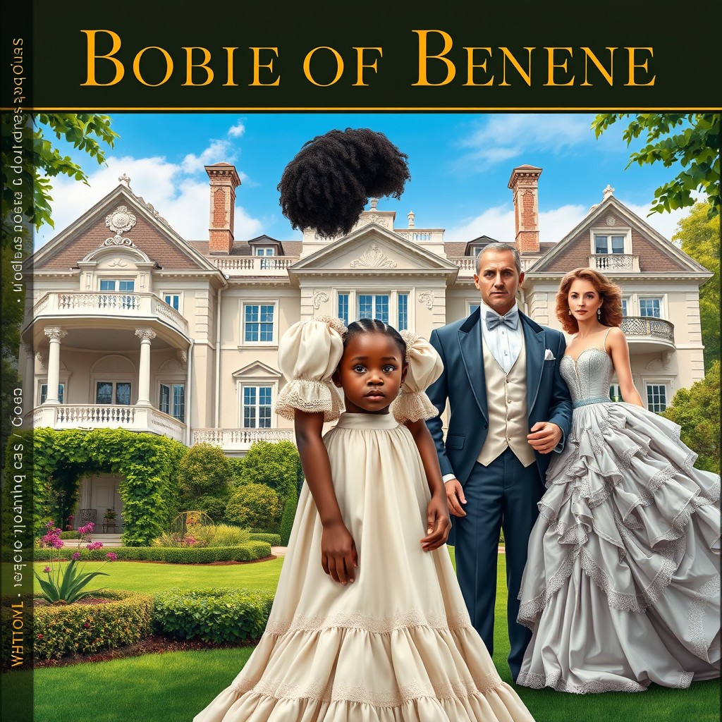 A delicate and realistic book cover depicting a young black girl standing beside a white woman and a white man, all dressed in elegant, vintage clothing