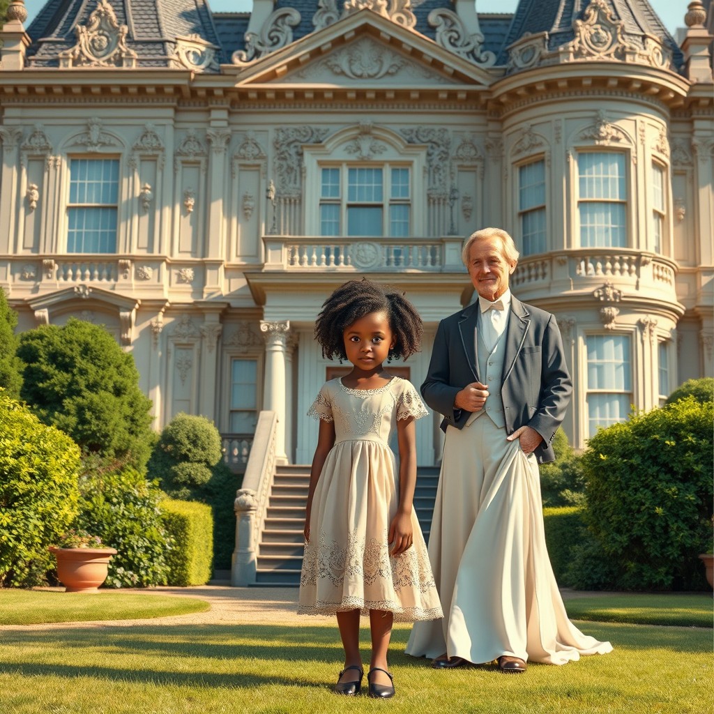 A delicate and realistic book cover featuring a young Black girl standing confidently in front of an opulent 19th-century mansion, showcasing intricate architectural details