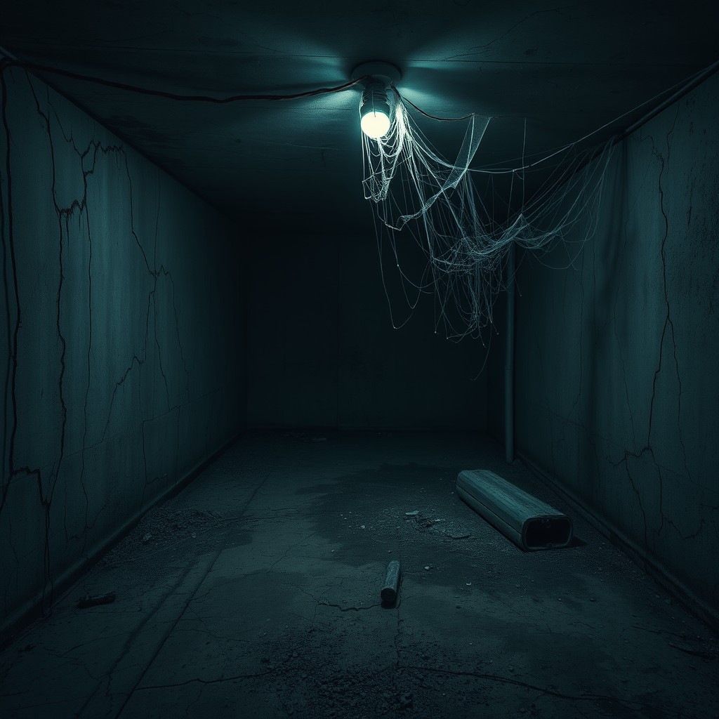 An abandoned basement, filled with dust and cobwebs, presenting a bleak and unsettling scene