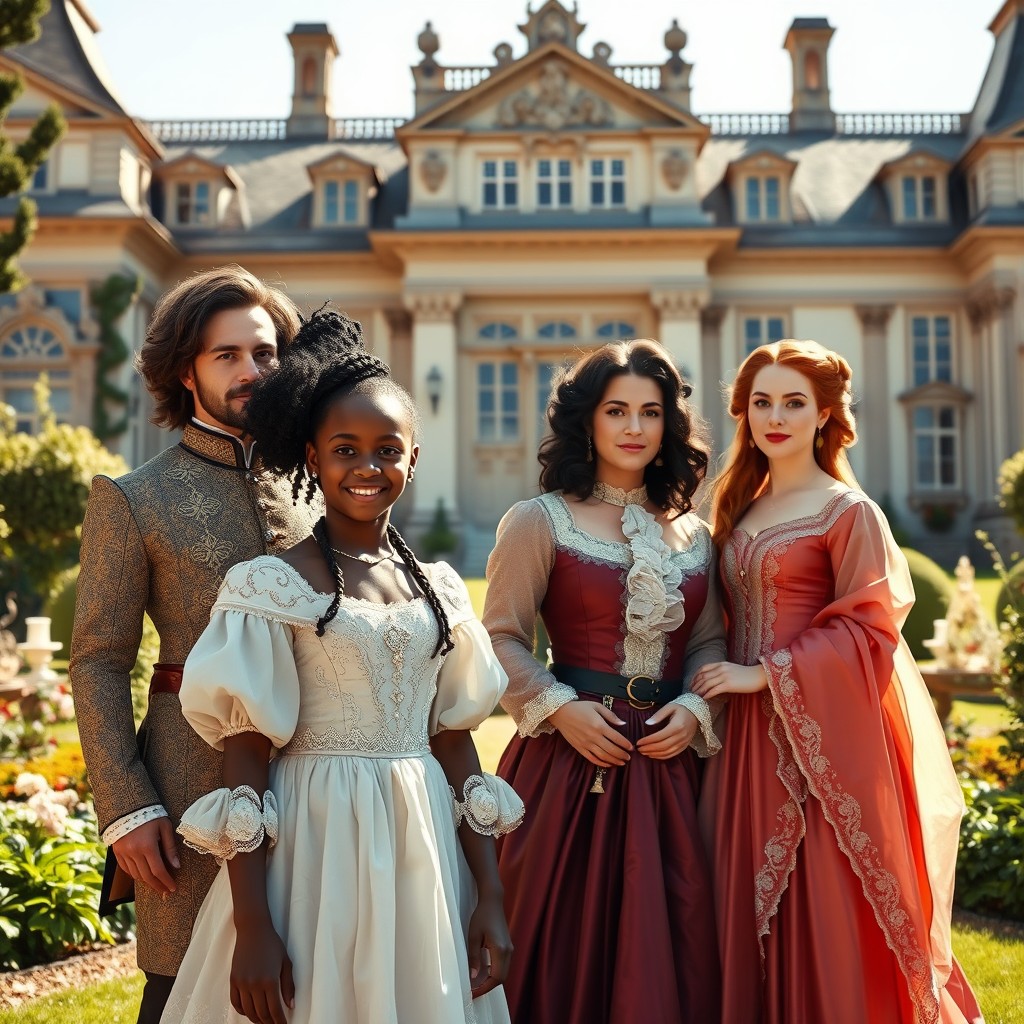 A delicate and realistic scene of a young black girl standing alongside a white family in front of a grand 17th-century mansion