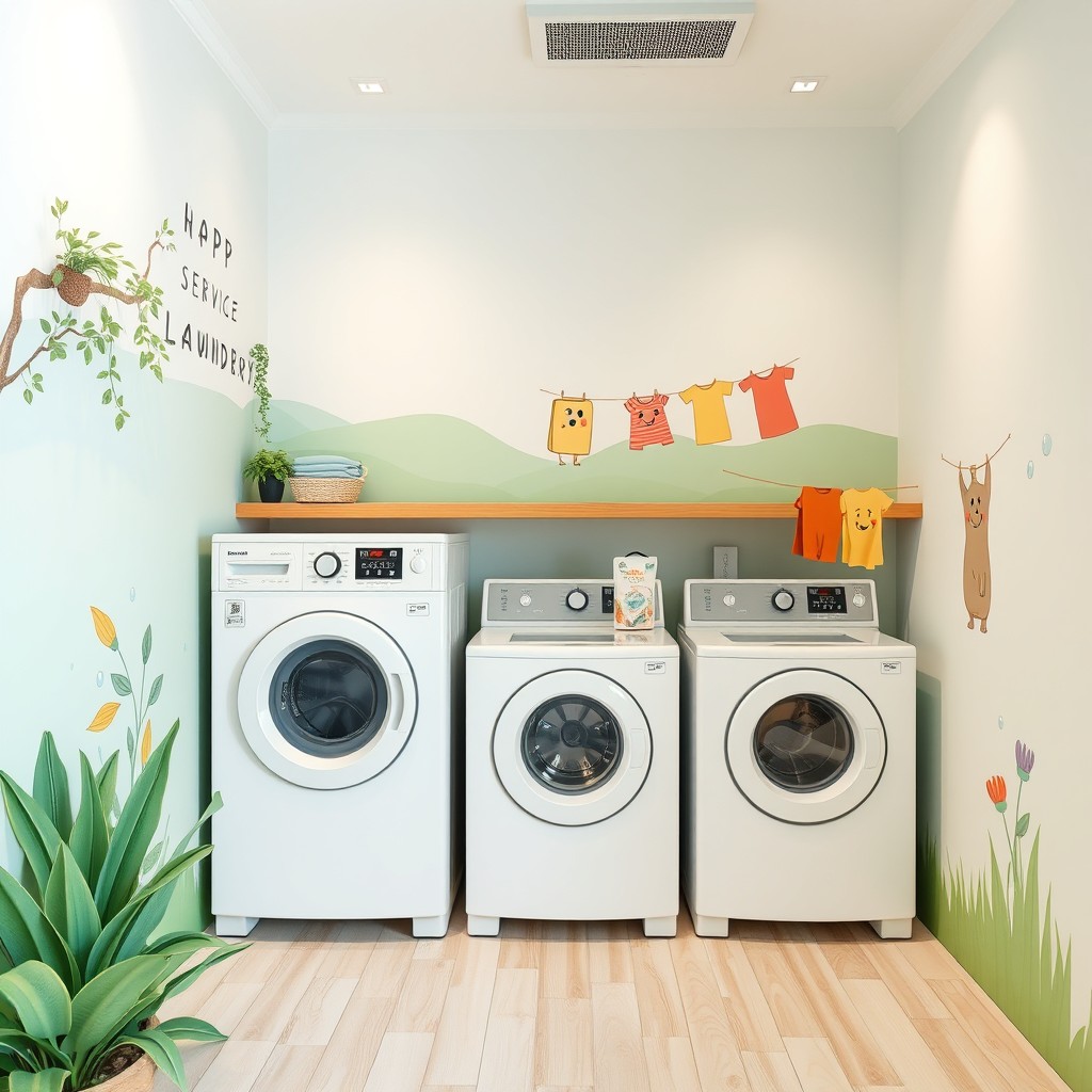 A vibrant and eco-friendly self-service laundry design featuring walls painted in relaxing pastel tones with soft nature scenes, lush green plants, and subtle wooden accents to highlight the eco-friendly design