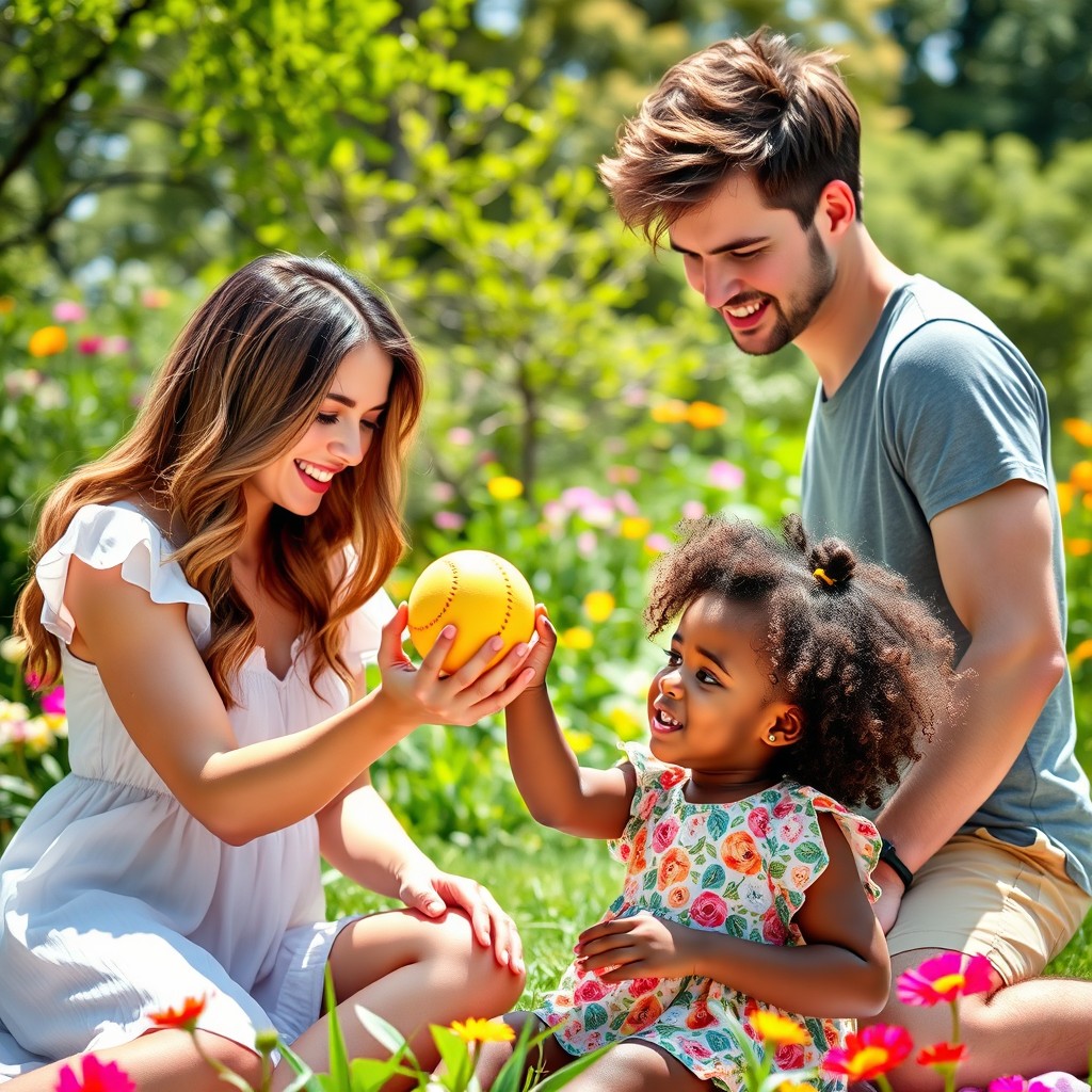 A touching scene of a white woman and a white man lovingly interacting with a 3-year-old Black girl, showcasing a sense of warmth and family