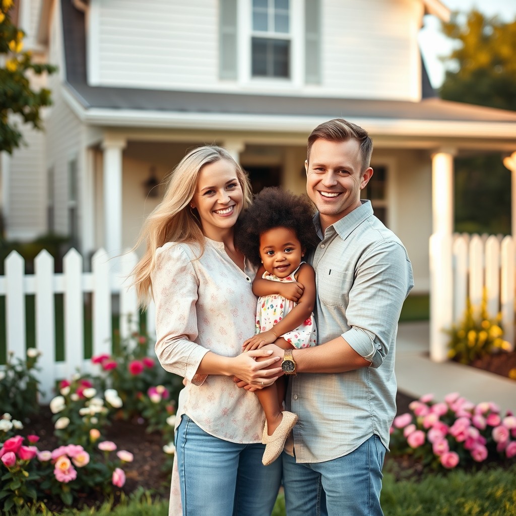 A heartwarming scene of a white woman and a white man lovingly embracing a 3-year-old Black girl in front of a charming house