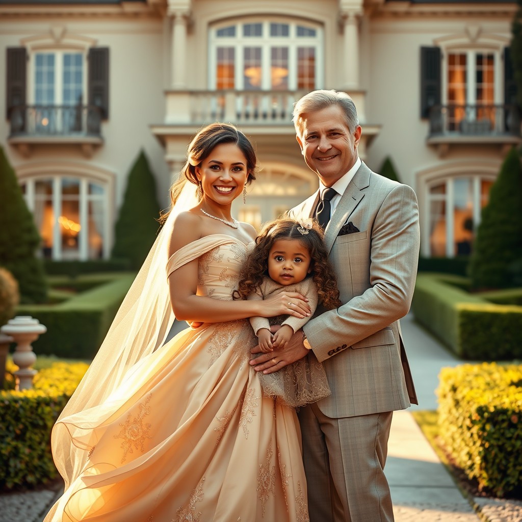 An elegant scene featuring a white woman and a white man embracing a 3-year-old Black girl with wavy hair in front of a luxurious house