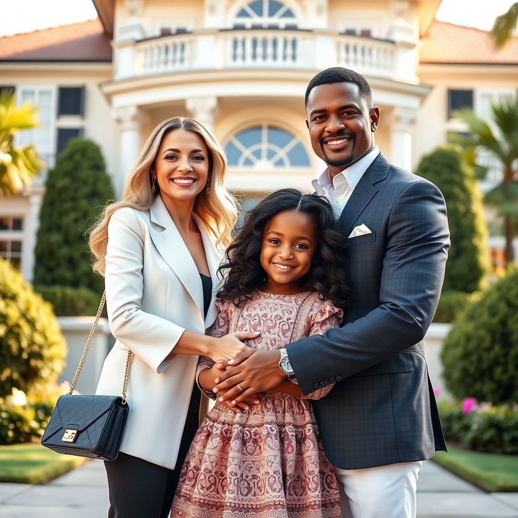 A beautiful scene depicting a white woman and a white man embracing a black girl, approximately 3 years old, with lovely wavy hair in front of a luxurious house
