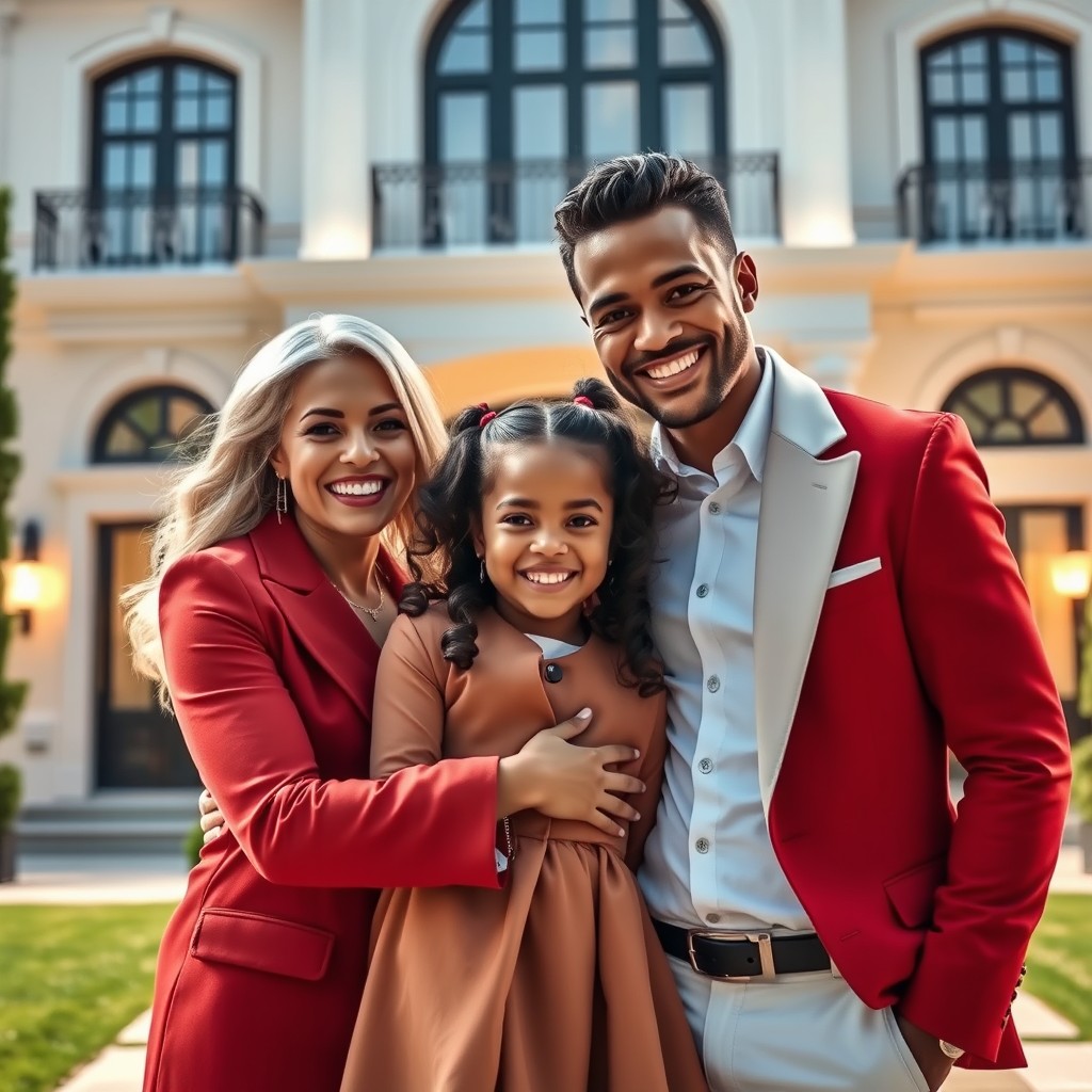 A joyful scene showcasing a white woman and a white man embracing a black girl, around 3 years old, with beautiful wavy hair, in front of an elegant luxury house