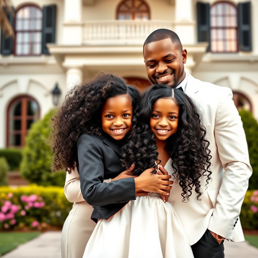 A heartwarming scene featuring a white woman and a white man embracing a black girl, around 3 years old, with beautiful wavy hair