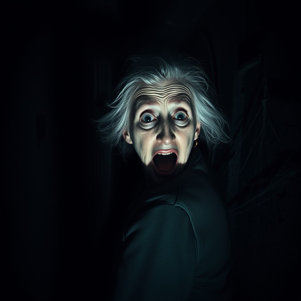 A terrified elderly woman turning around abruptly in a dark basement, her shocked expression highlighting her fear