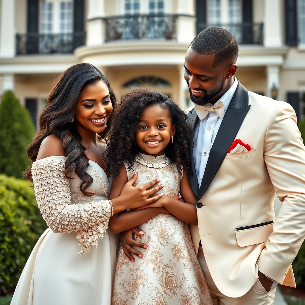A heartwarming scene featuring a white woman and a white man embracing a 3-year-old black girl with beautiful wavy hair, standing in front of an elegant house