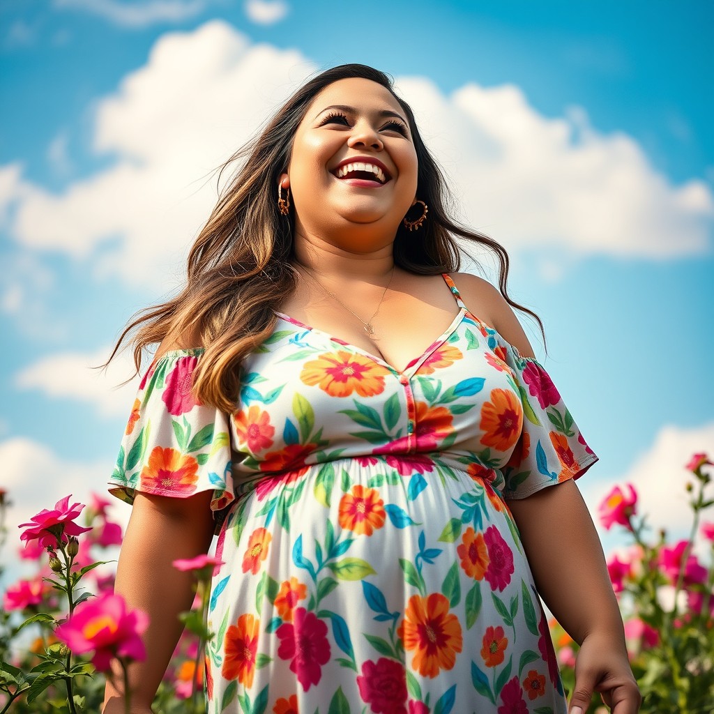 A joyful and confident chubby woman, standing in a sunny outdoor setting, wearing a colorful summer dress with floral patterns, laughing with her head tilted back