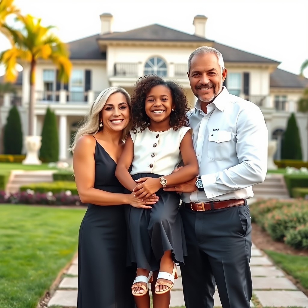 A happy white woman and a white man embracing a joyful black girl of 3 years old with wavy hair, all in front of a luxurious house