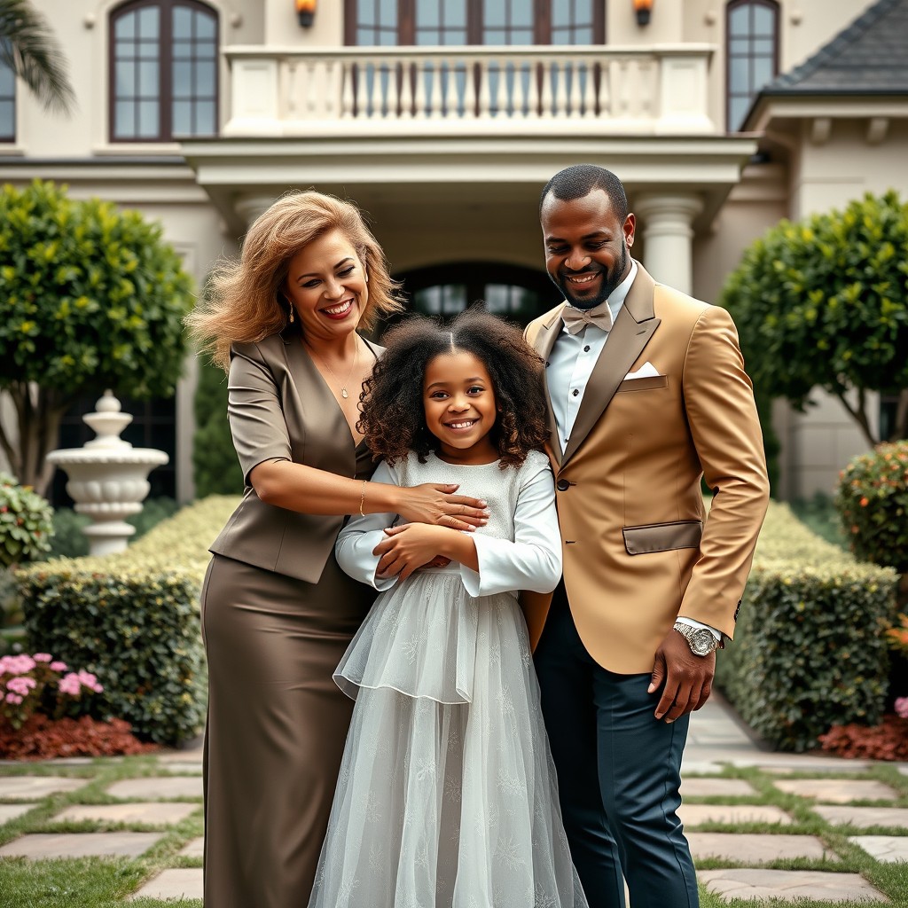 A joyful scene depicting a white woman and a white man warmly embracing a cheerful black girl of 3 years old with wavy hair