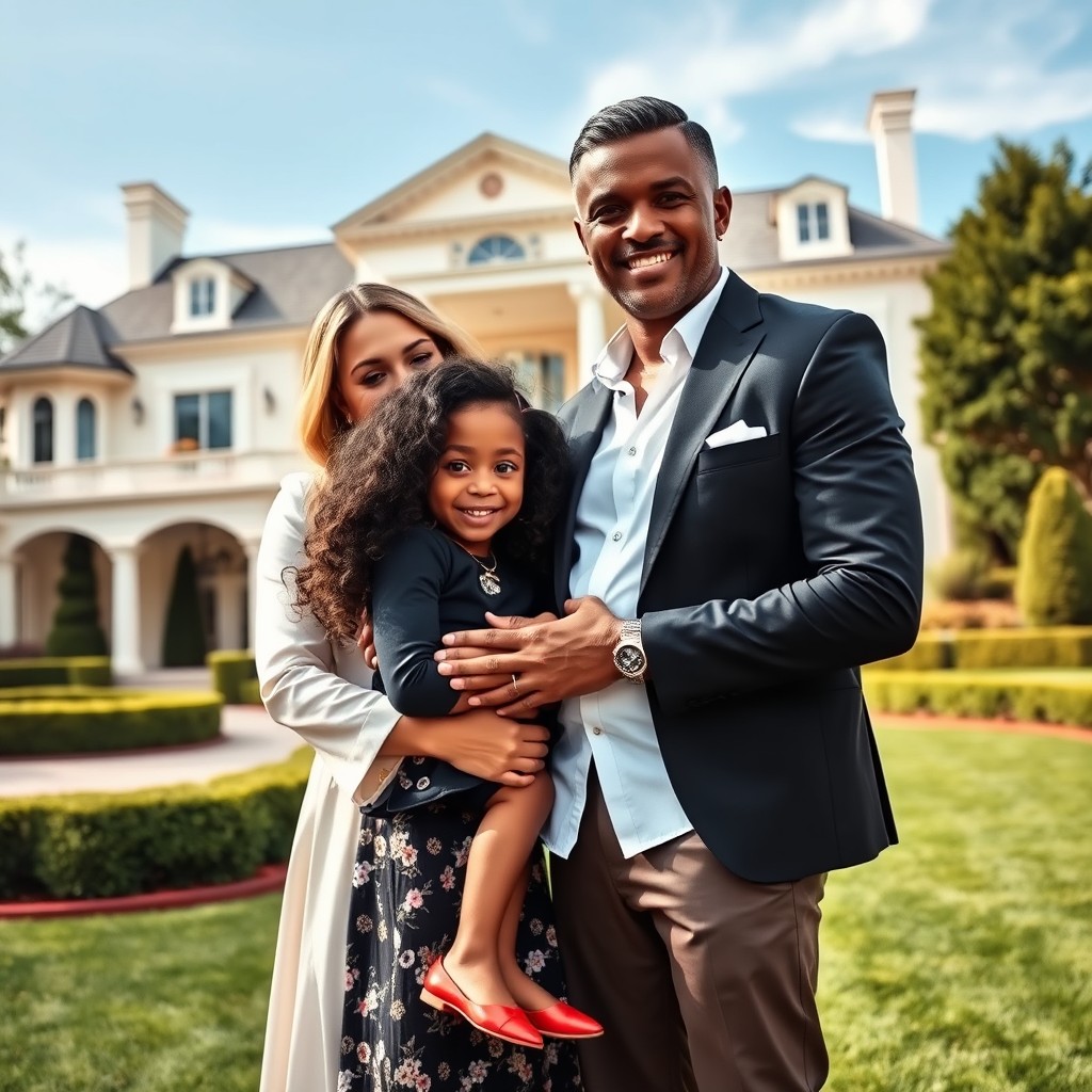 A white woman and a white man embracing a black girl, around 3 years old, with wavy hair, all standing together in front of a luxurious house