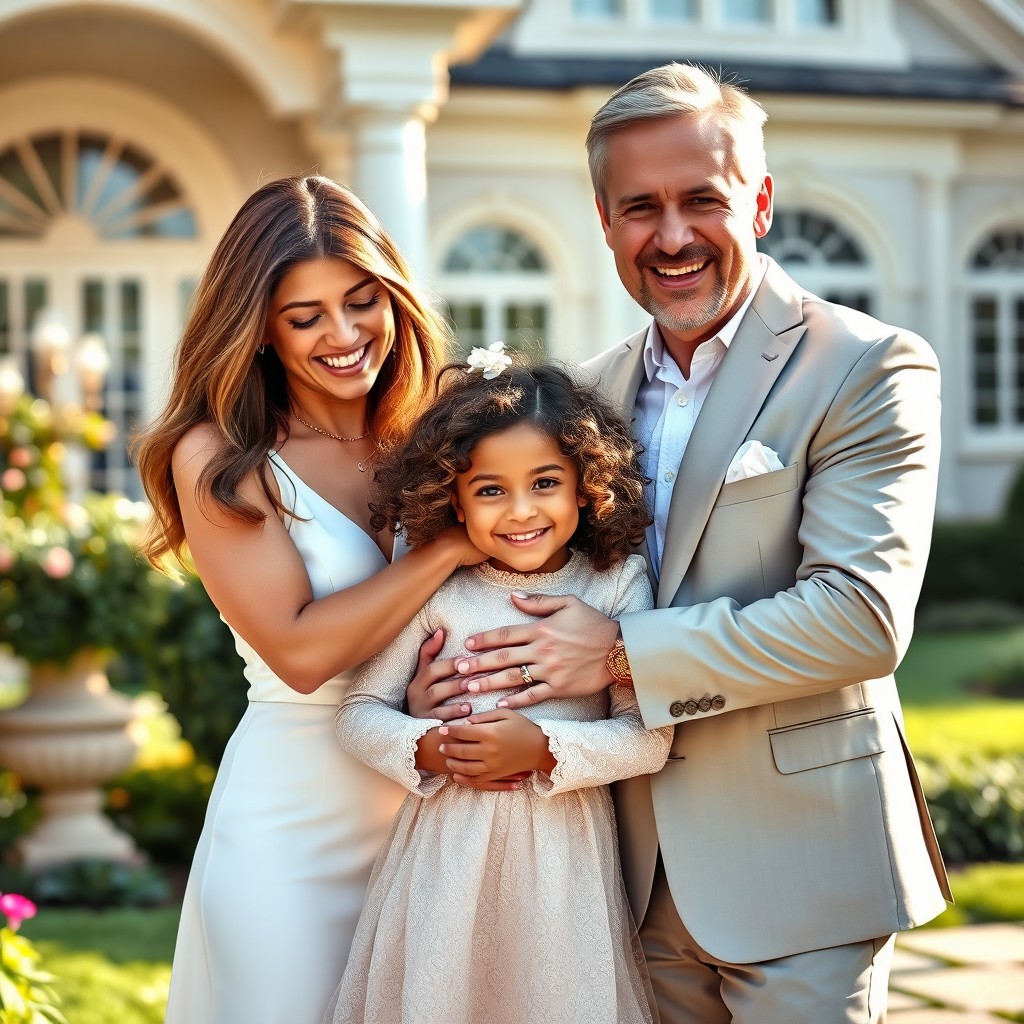 A happy scene of a white woman and a white man joyfully hugging a 3-year-old black girl with wavy hair, all dressed in luxurious outfits