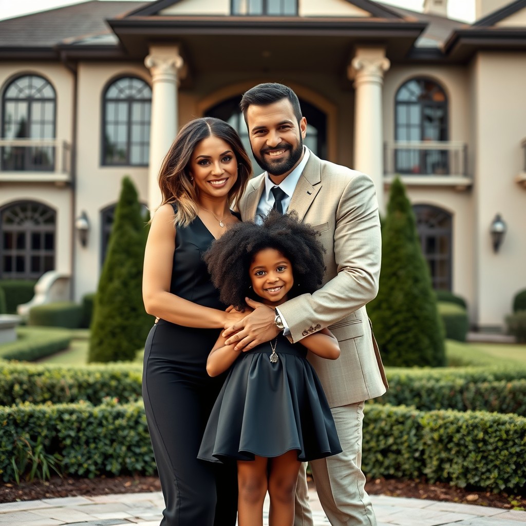 A beautiful Caucasian woman and a handsome Caucasian man, together with an adorable 3-year-old Black girl with curly hair, all embracing each other in front of a luxurious house