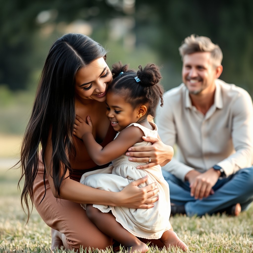 A white woman kneeling and embracing a 3-year-old black girl lovingly, while a white man observes from a distance, smiling warmly