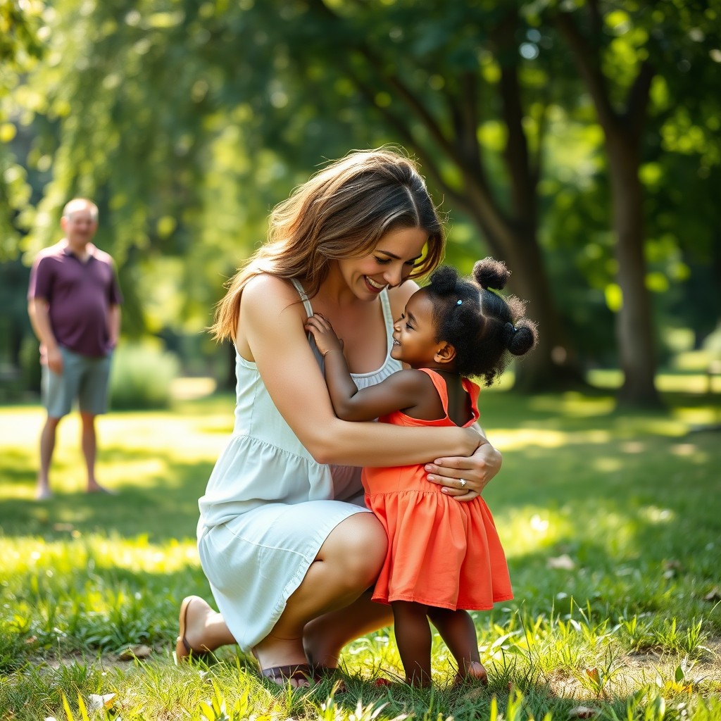 A white woman, 27 years old, kneeling down and embracing a 3-year-old black girl in a warm and loving gesture