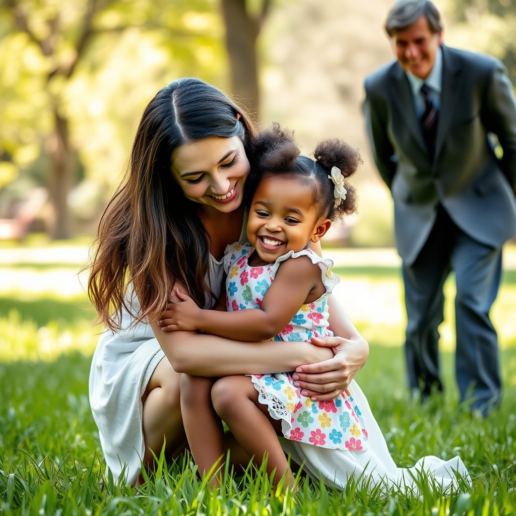A 27-year-old Caucasian woman kneeling and embracing a 3-year-old Black girl, both smiling affectionately