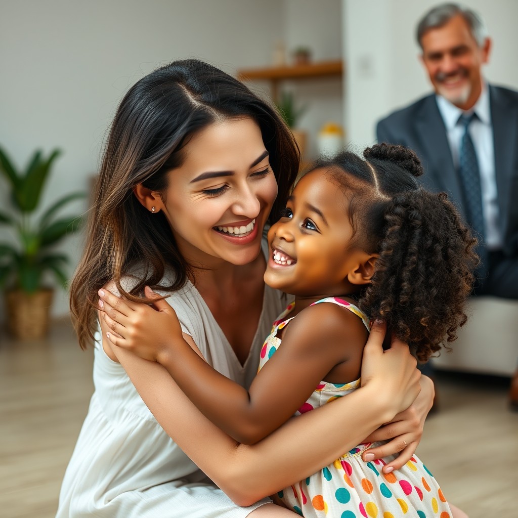 A close-up image of a 27-year-old Caucasian woman kneeling and embracing a 3-year-old Black girl, both radiating joy and affection