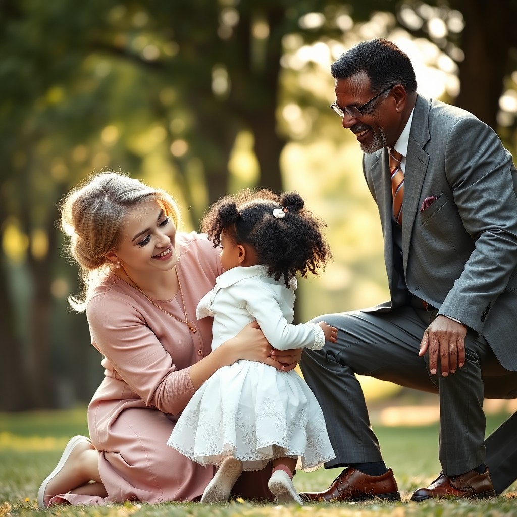 A beautiful and heartwarming scene featuring a 27-year-old white woman kneeling down and lovingly embracing a 3-year-old black girl