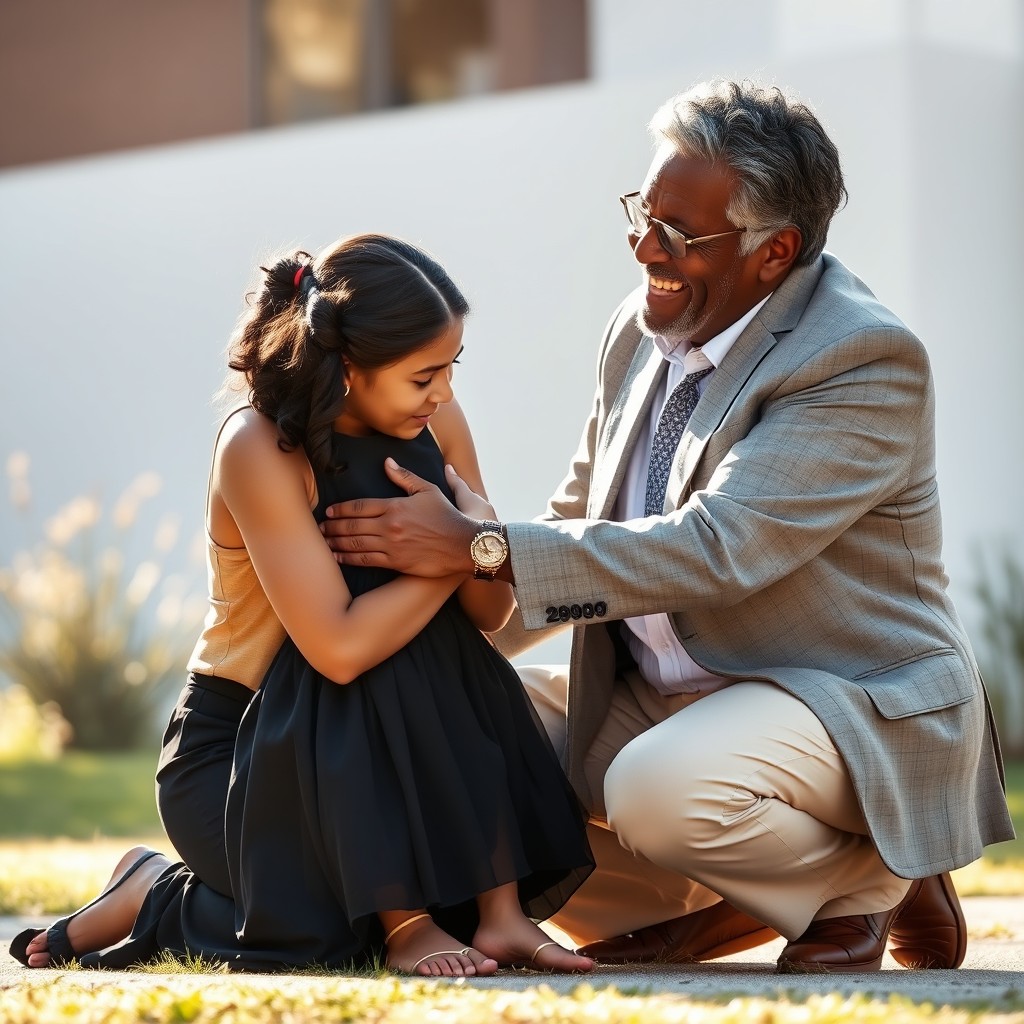A heartwarming scene featuring a 27-year-old white woman kneeling and embracing a 3-year-old black girl tenderly