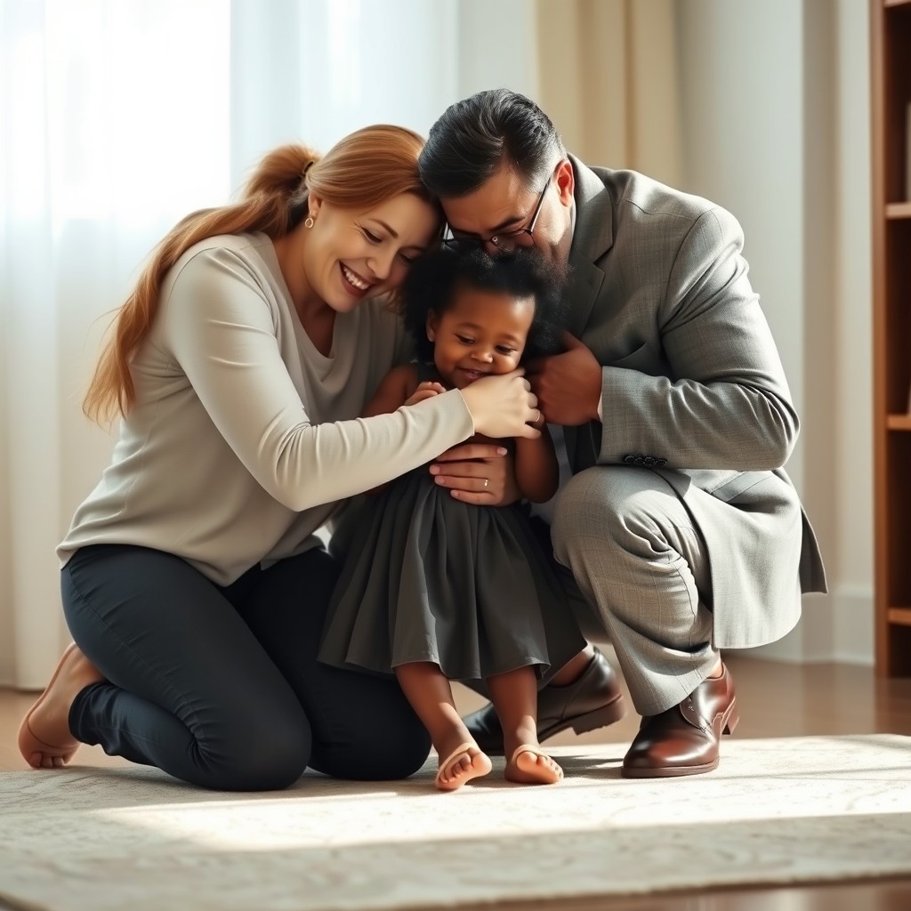 A touching scene featuring a 27-year-old white woman kneeling and embracing a 3-year-old black girl with joy