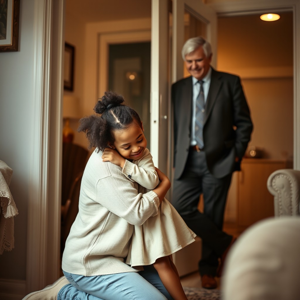 A warm and intimate indoor scene featuring a 27-year-old white woman kneeling and embracing a 3-year-old black girl lovingly
