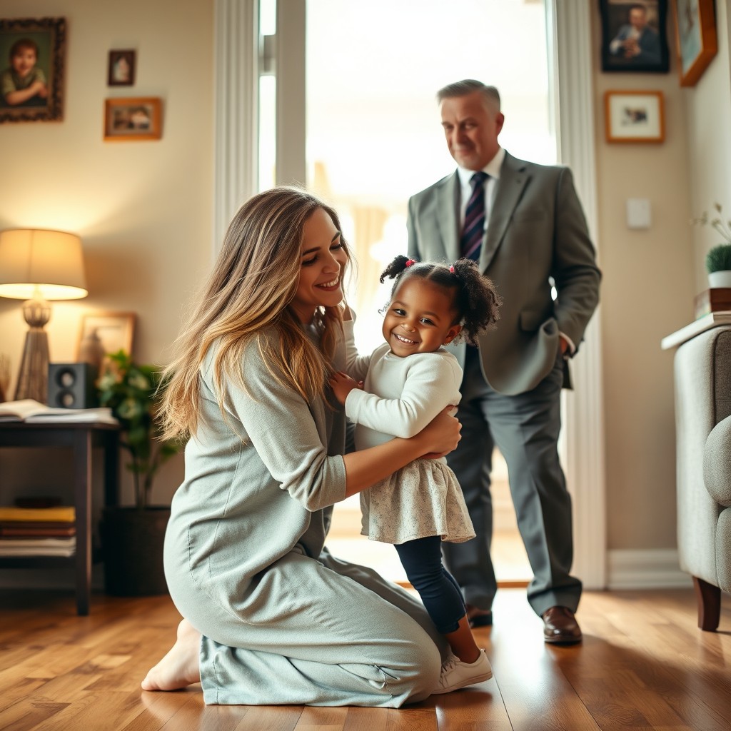 A scene inside a cozy home, featuring a 27-year-old white woman kneeling and embracing a 3-year-old black girl with a joyful expression