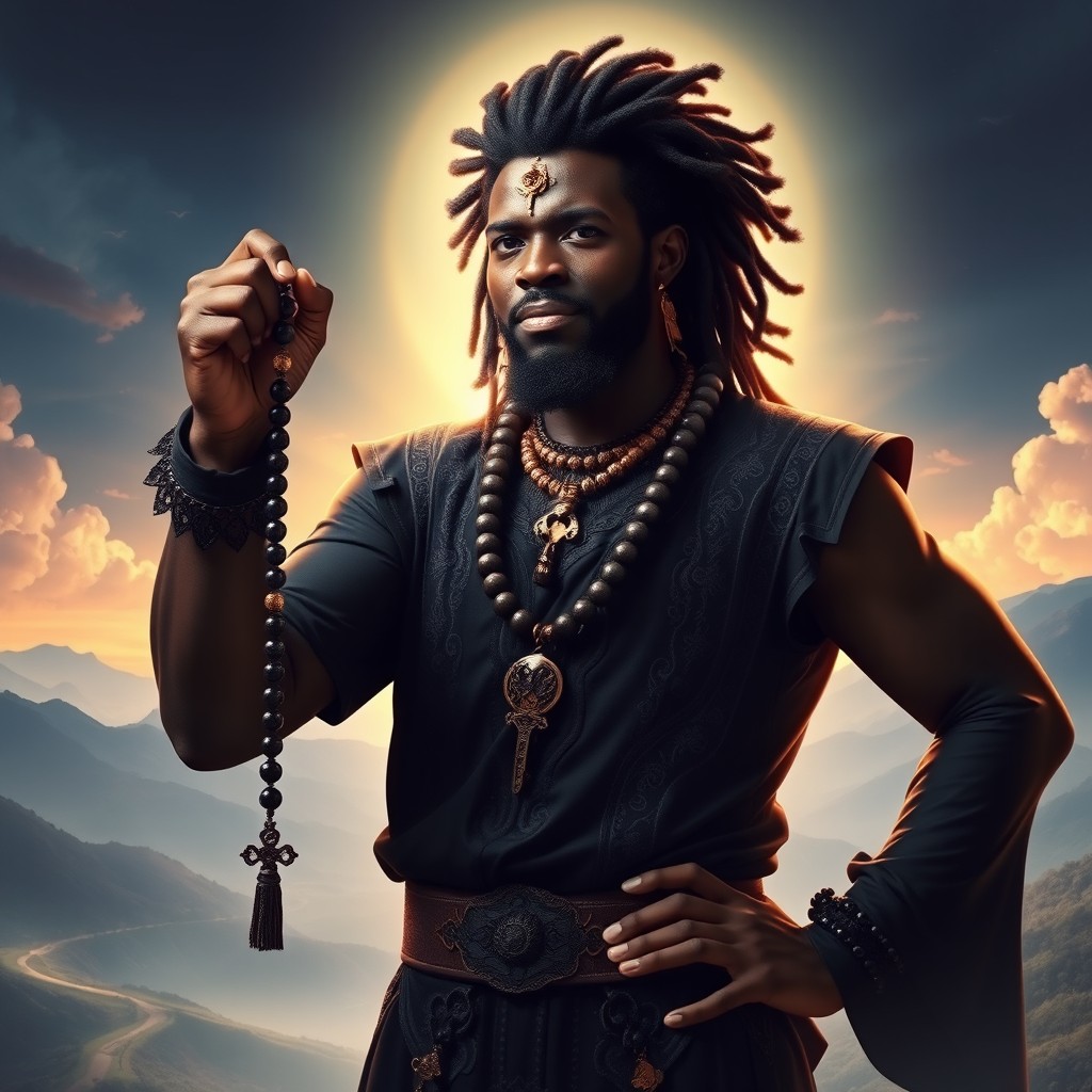 A powerful depiction of Exu, the Afro-Brazilian deity, featured in a striking black outfit adorned with intricate details