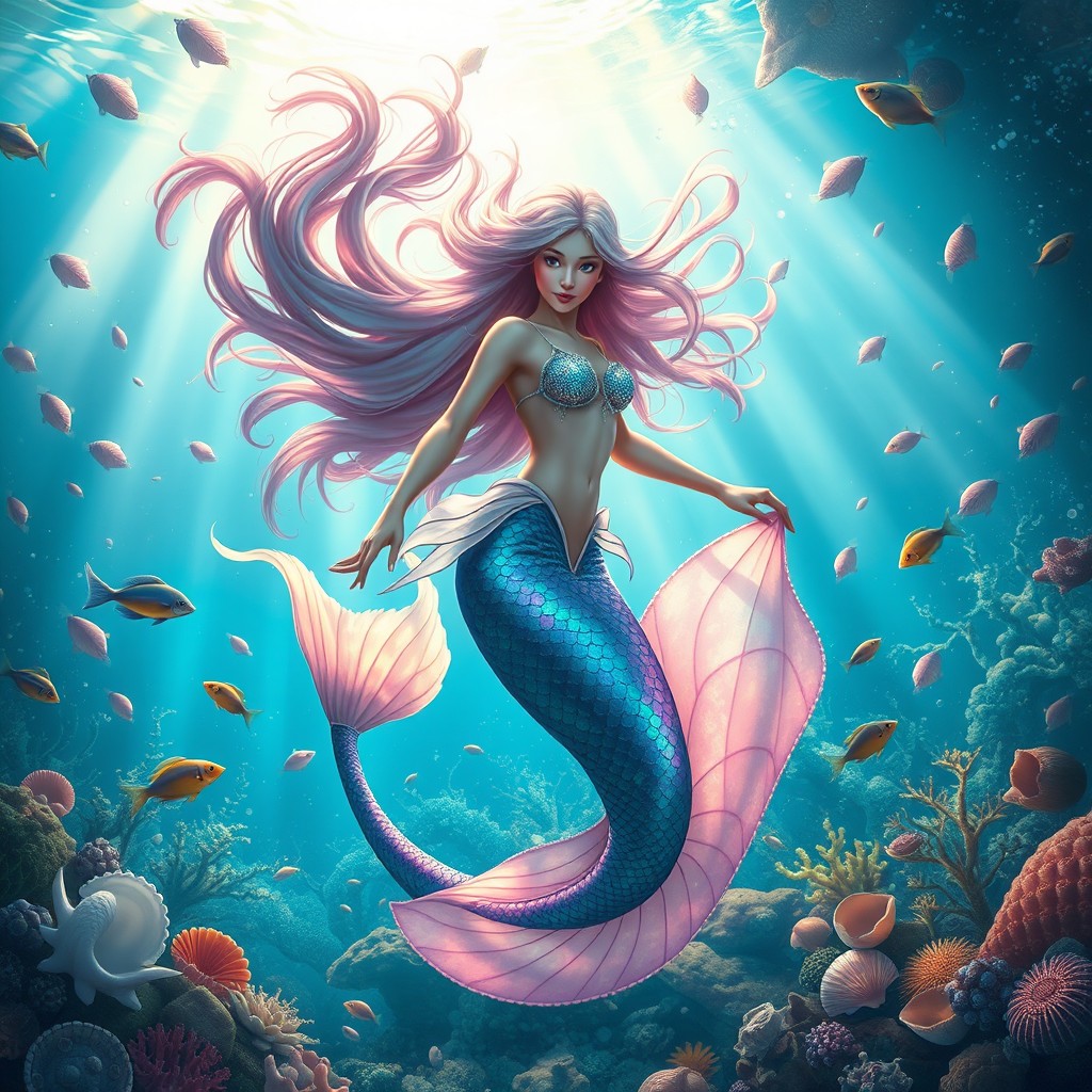 An enchanting mermaid gracefully swimming through a vibrant underwater scene, adorned with a shimmering, iridescent tail that reflects a spectrum of colors in hues of blues and greens