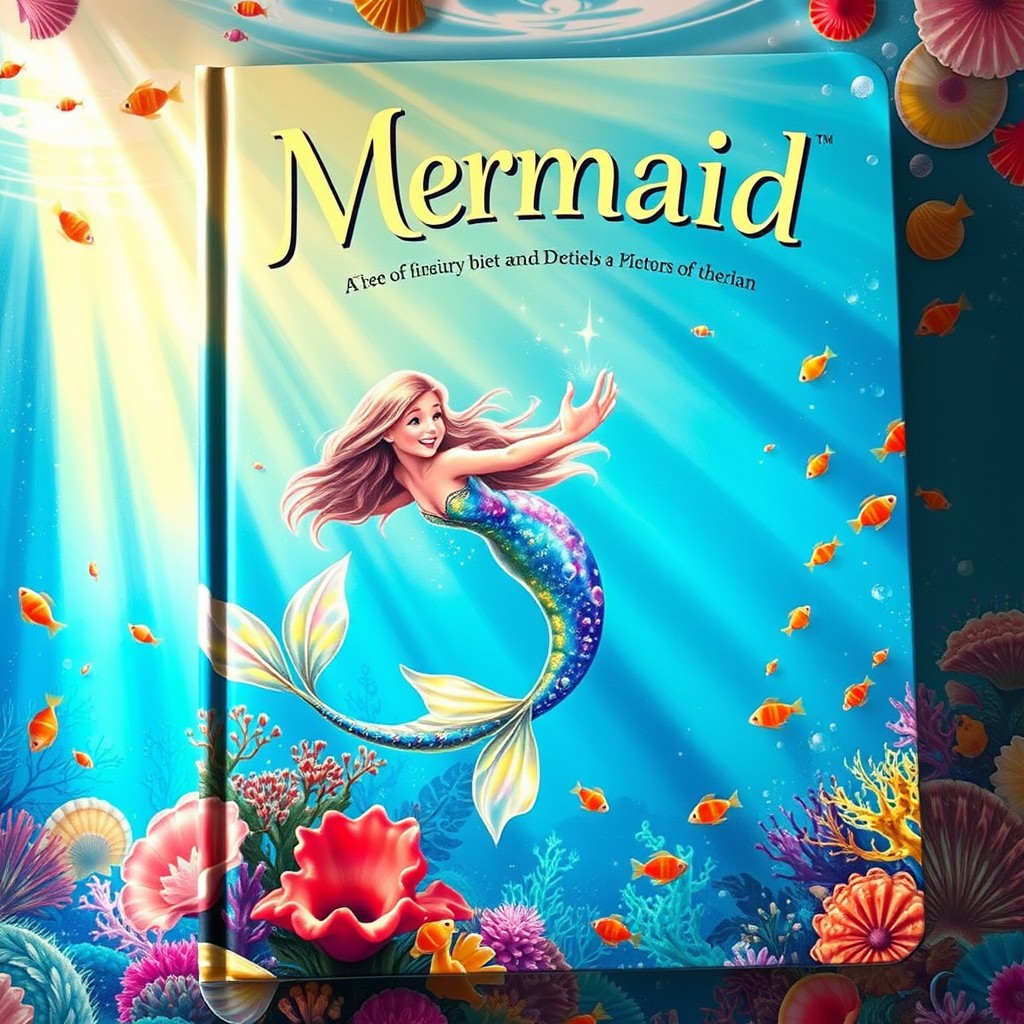 A captivating book cover featuring an enchanting mermaid with an iridescent tail that sparkles in a spectrum of colors, delicately swimming in a vibrant underwater world