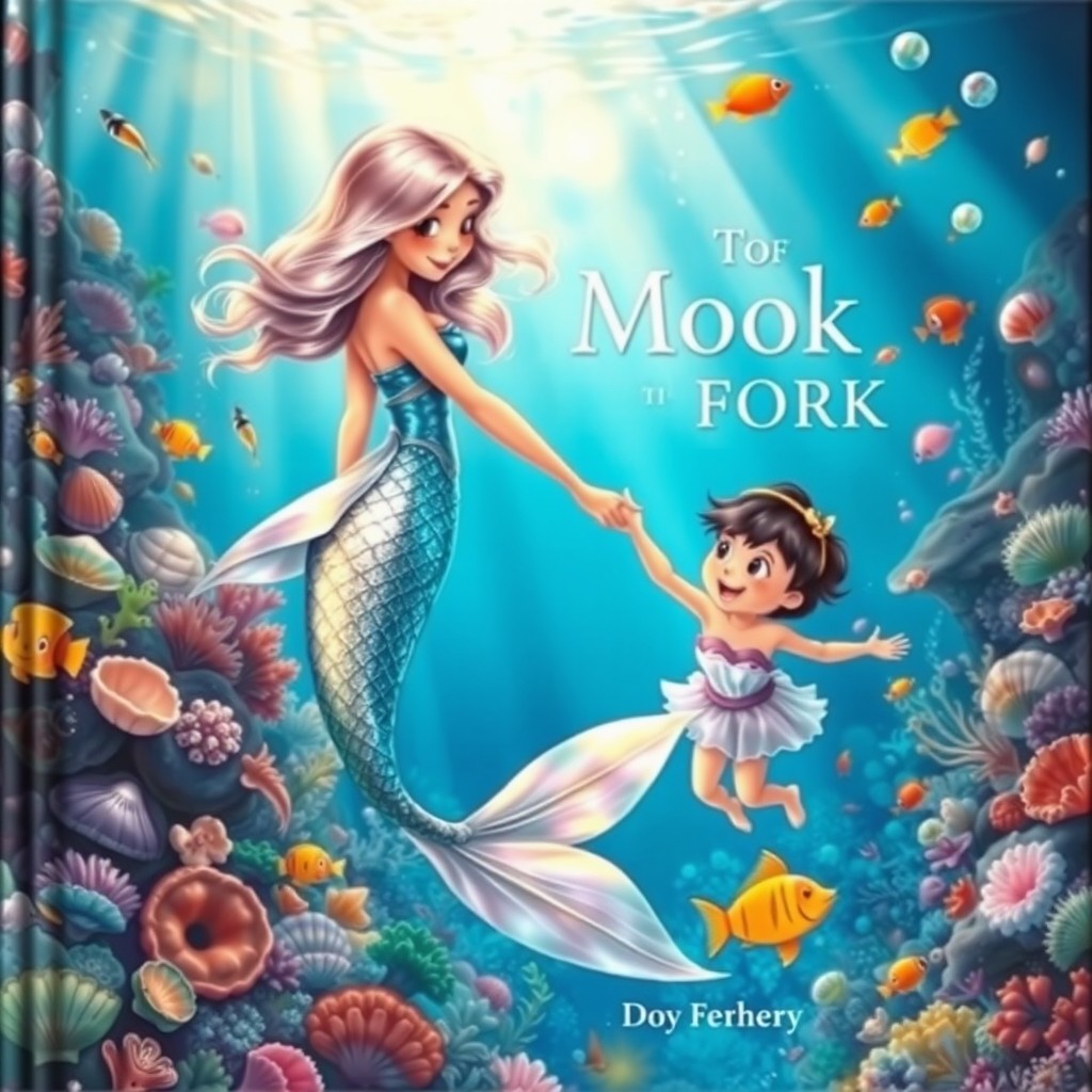 A captivating book cover featuring an enchanting mermaid with an iridescent tail that shimmers with a variety of colors