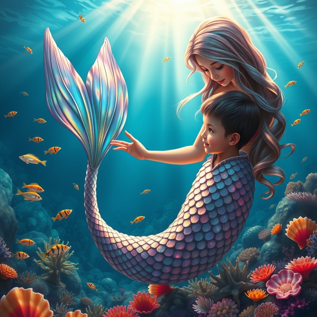 A realistic book cover featuring an enchanting mermaid with an iridescent tail that glistens with a variety of colors