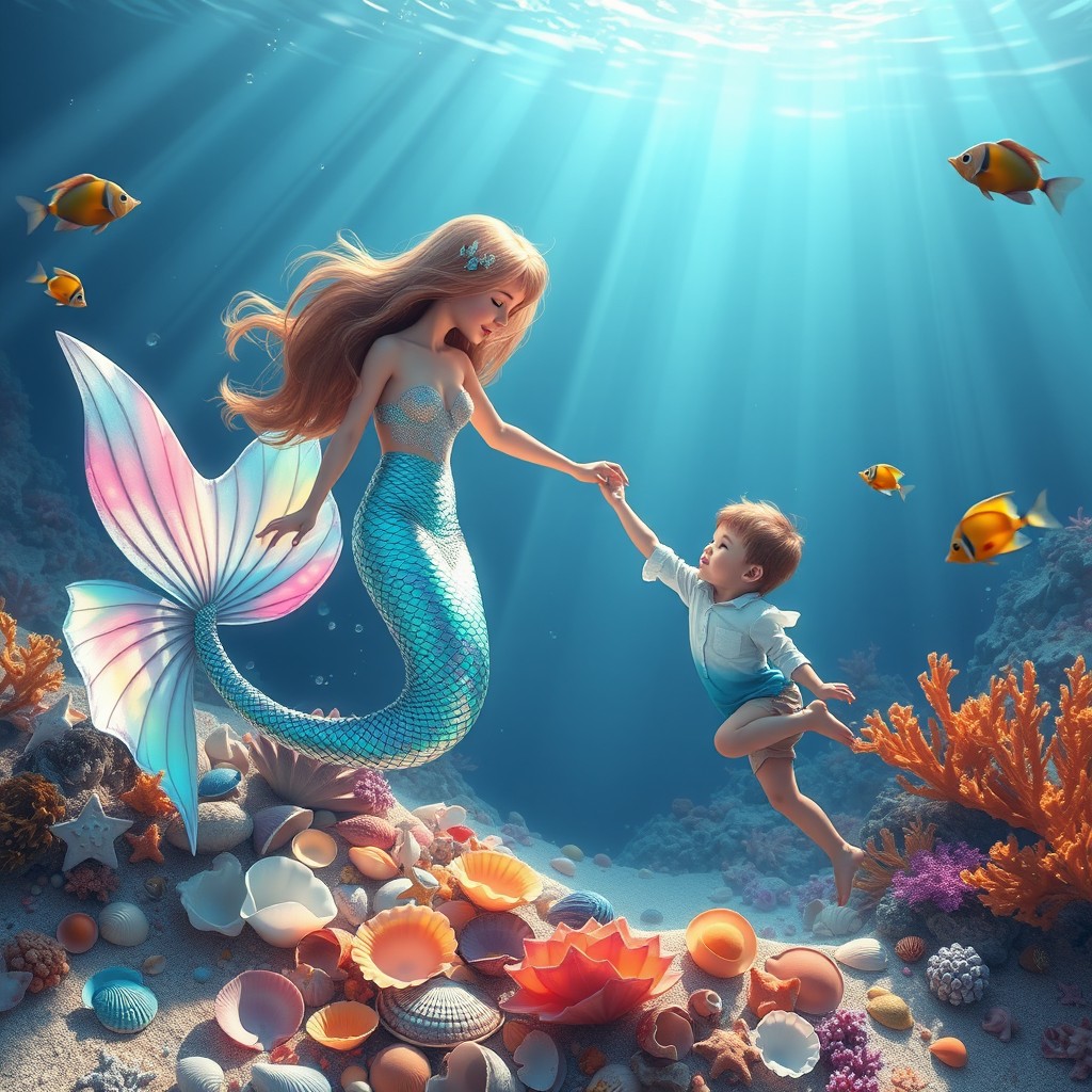 An enchanting mermaid with an iridescent tail that glimmers in a rainbow of colors is depicted gracefully helping a child in a magical underwater scene