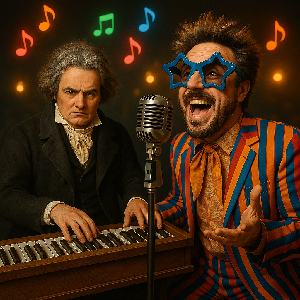 Modifica questa foto. Il personaggio al pianoforte deve sembrare una persona vera. Altro personaggio resta uguale