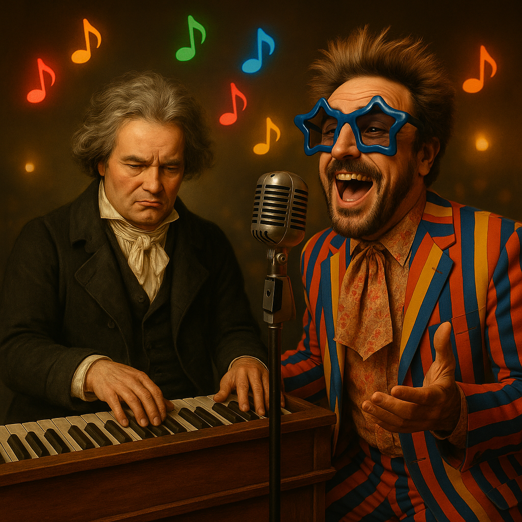 Modifica questa foto. Il personaggio al pianoforte è beethoven ma deve essere reale (effetto reale). Altro personaggio resta uguale.