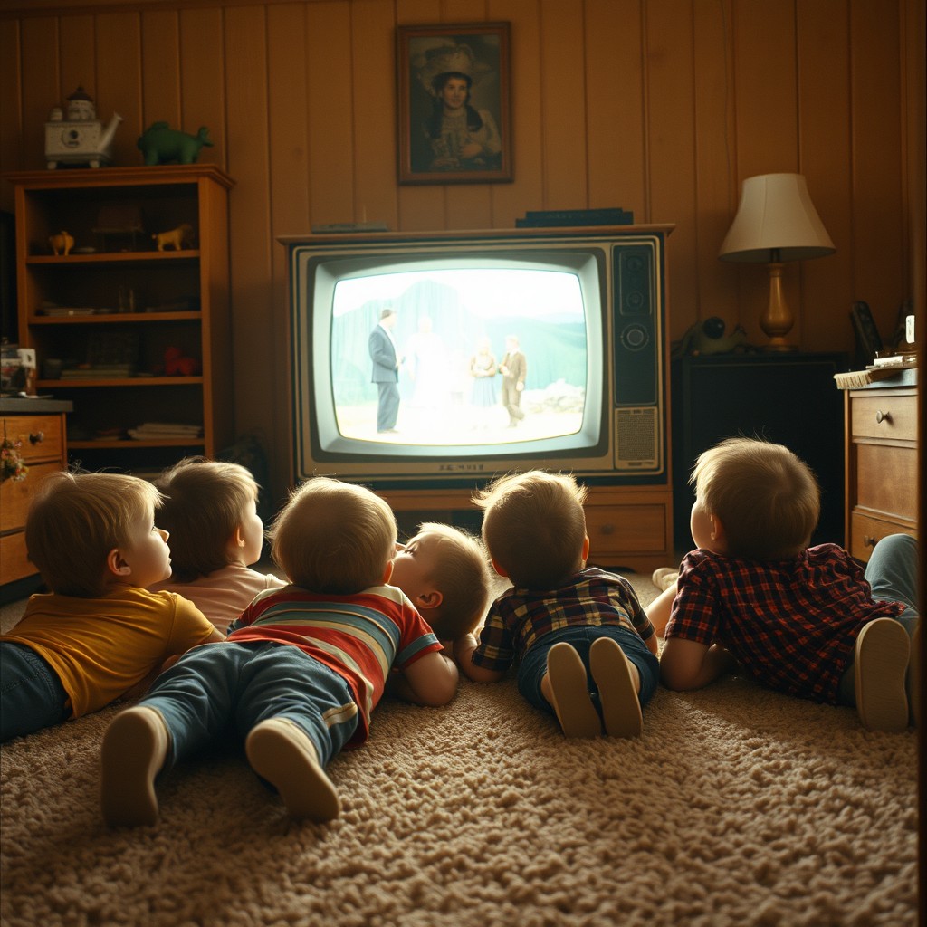 A nostalgic scene capturing children in the 1970s lying on a shag carpet floor, completely absorbed in watching 'The Wizard of Oz' on a vintage Zenith floor model television with a wooden cabinet