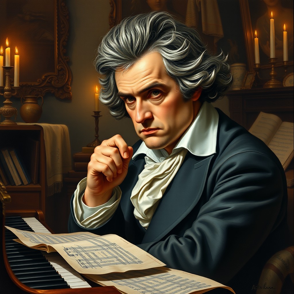A stunning portrait of Ludwig van Beethoven, showcasing him with a thoughtful and intense expression, seated at a grand piano, surrounded by sheet music