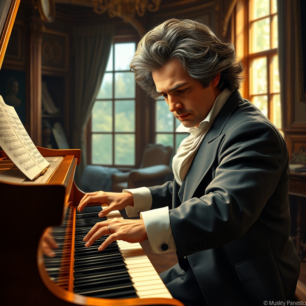 A realistic and detailed portrait of Ludwig van Beethoven passionately playing a grand piano