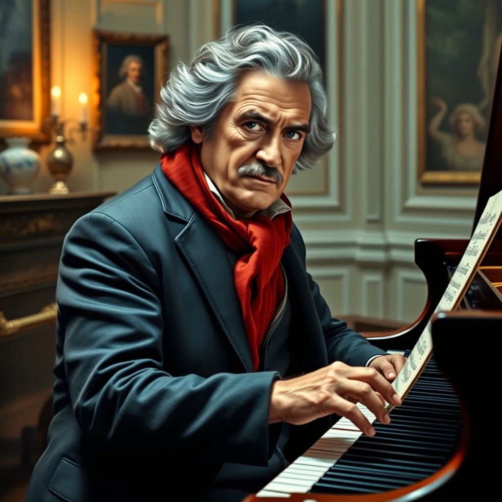 A realistic portrait of Beethoven, a middle-aged man with distinctive features, playing a grand piano