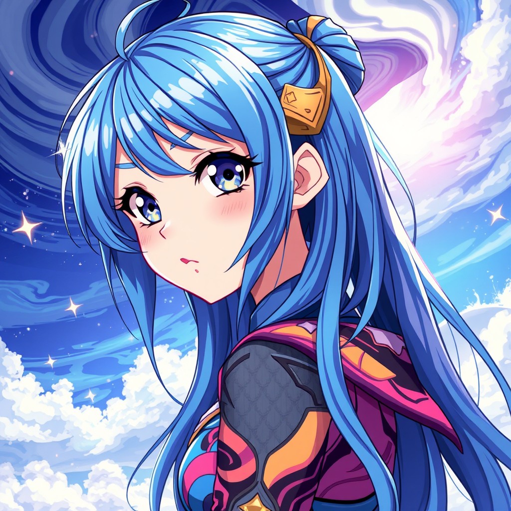 A vibrant digital art piece showcasing a blue-haired anime girl with striking features and expressive eyes